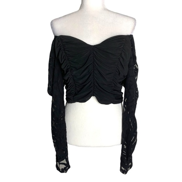 Black Lace Long sleeves Ruched Crop Top Off Shoulder - Picture 2 of 6
